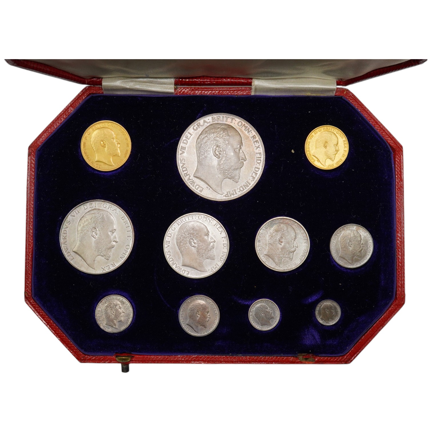 British gold and silver coins, Edward VII, matt proof eleven coin set, S.PS10, including gold sovereign and half sovereign, silver crown to sixpence and maundy 1d to 4d., the case inscribed ‘Specimen coins 1902’